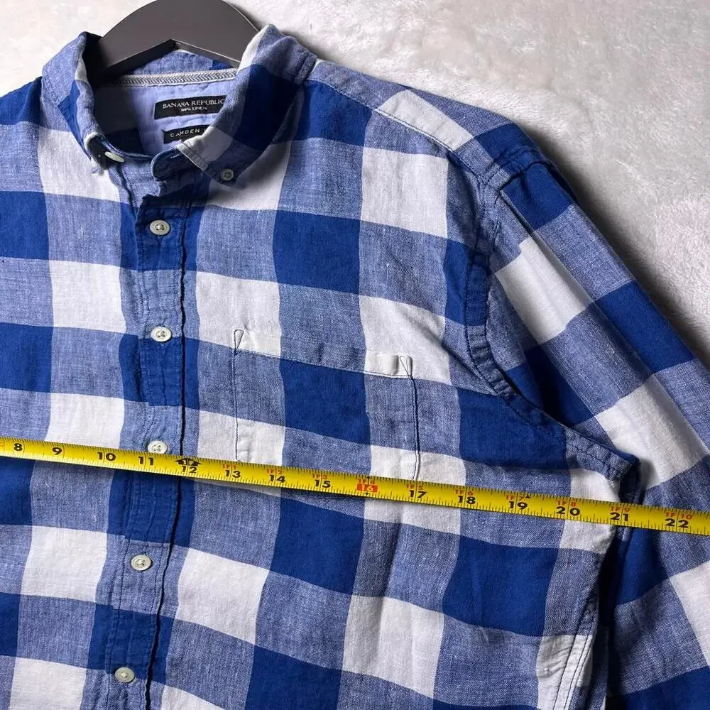 Banana Republic 100% Linen Camden Fit Button Up Shirt Men's M Checker Plaid